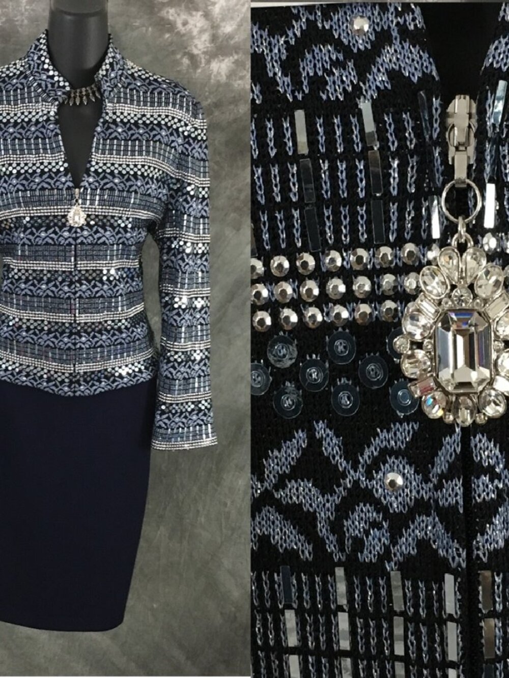 BEAUTIFUL st john evening knit blue rhinestone embellished skirt suit size 8